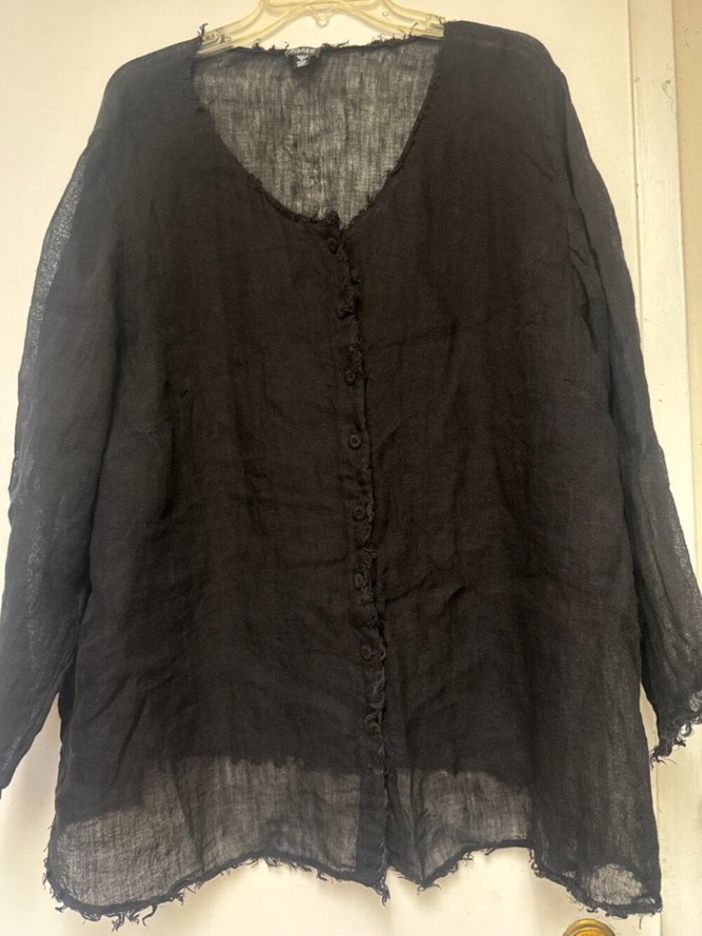 Eileen Fisher Light Weight Blouse Top Button Up Black Linen Relaxed XXL 2XL 3XL